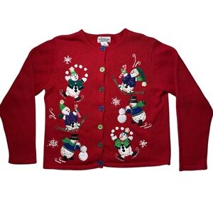 Vtg Ugly Christmas Sweater Snowman Red Cardigan Youth 16 / Women's XS S Petite